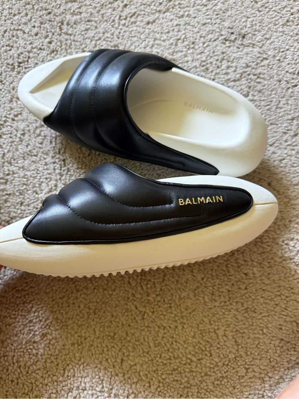 Balmain Black Leather Slides with White Sole and Gold Logo